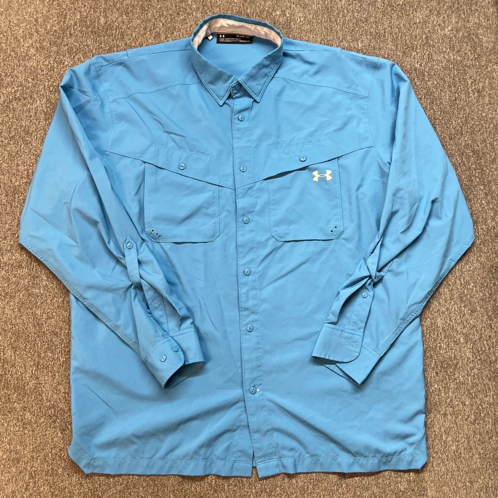 Under Armour Mens XL HeatGear Fishing Shirt Long Sleeve Button Down Blue Loose